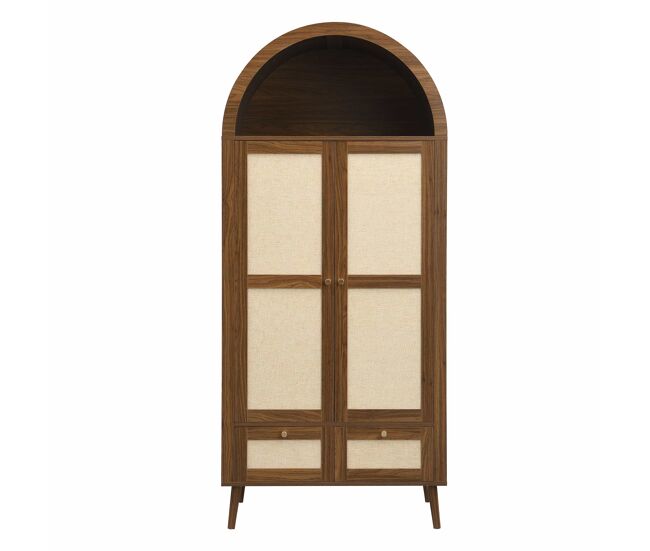 Armario ropero 180 cm - 2 puertas, 2 cajones, diseño arqueado, barra y estante abierto - nogal y beige