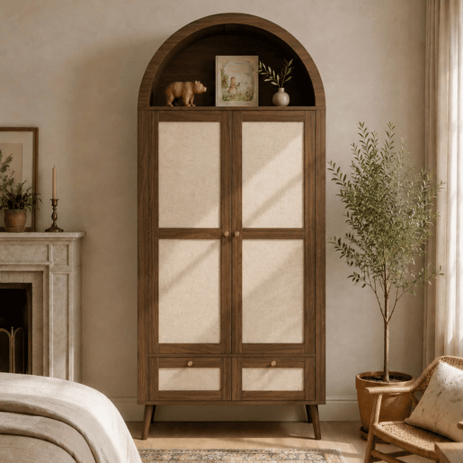 Roupeiro de 180 cm - 2 portas, 2 gavetas, design arqueado, varão e prateleira aberta - Nogueira e bege Roupeiro de 180 cm - 2 portas, 2 gavetas, design arqueado, varão e prateleira aberta - Nogueira e bege