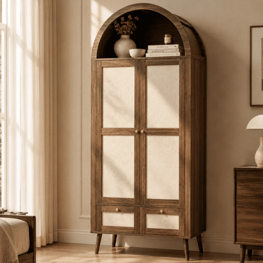 Roupeiro de 180 cm - 2 portas, 2 gavetas, design arqueado, varão e prateleira aberta - Nogueira e bege Roupeiro de 180 cm - 2 portas, 2 gavetas, design arqueado, varão e prateleira aberta - Nogueira e bege