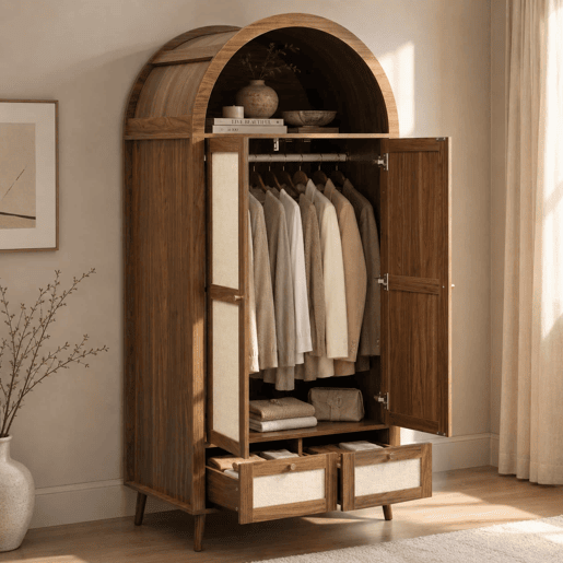 Roupeiro de 180 cm - 2 portas, 2 gavetas, design arqueado, varão e prateleira aberta - Nogueira e bege Roupeiro de 180 cm - 2 portas, 2 gavetas, design arqueado, varão e prateleira aberta - Nogueira e bege