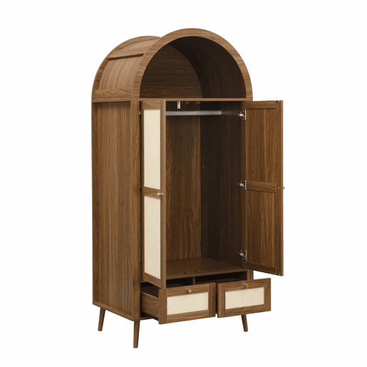 Roupeiro de 180 cm - 2 portas, 2 gavetas, design arqueado, varão e prateleira aberta - Nogueira e bege Roupeiro de 180 cm - 2 portas, 2 gavetas, design arqueado, varão e prateleira aberta - Nogueira e bege
