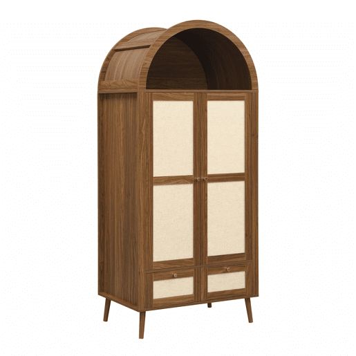 Roupeiro de 180 cm - 2 portas, 2 gavetas, design arqueado, varão e prateleira aberta - Nogueira e bege Roupeiro de 180 cm - 2 portas, 2 gavetas, design arqueado, varão e prateleira aberta - Nogueira e bege