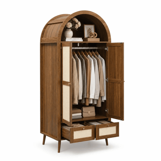 Roupeiro de 180 cm - 2 portas, 2 gavetas, design arqueado, varão e prateleira aberta - Nogueira e bege Roupeiro de 180 cm - 2 portas, 2 gavetas, design arqueado, varão e prateleira aberta - Nogueira e bege