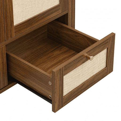 Roupeiro de 180 cm - 2 portas, 2 gavetas, design arqueado, varão e prateleira aberta - Nogueira e bege Roupeiro de 180 cm - 2 portas, 2 gavetas, design arqueado, varão e prateleira aberta - Nogueira e bege