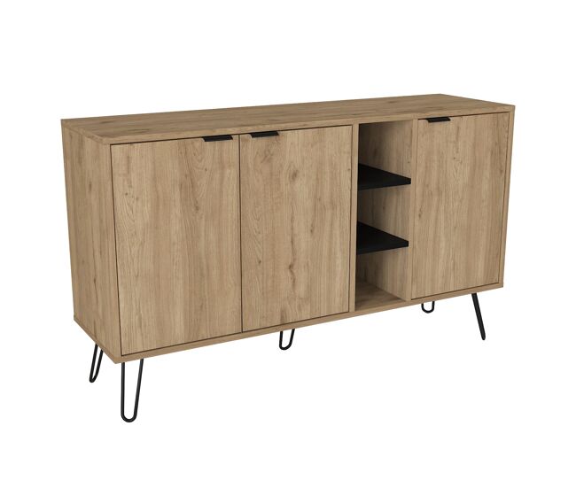 Consola de 140 cm con 3 puertas y estantes, acabado madera, mueble recibidor y salón con almacenaje abierto y cerrado