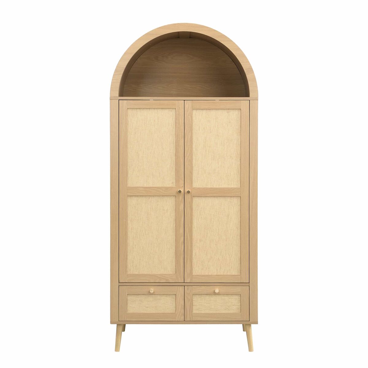Armario ropero de 180 cm – 2 puertas, 2 cajones, barra, estante abierto y ratán arqueado – roble y beige