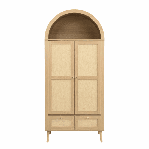 Roupeiro de 180 cm u2013 2 portas, 2 gavetas, varĂ£o, prateleira aberta e rattan arqueado u2013 Carvalho e bege Roupeiro de 180 cm u2013 2 portas, 2 gavetas, varĂ£o, prateleira aberta e rattan arqueado u2013 Carvalho e bege