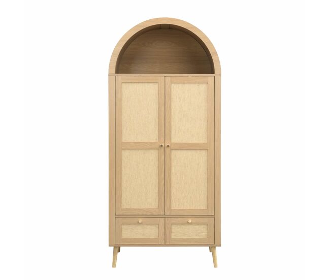 Armario ropero de 180 cm – 2 puertas, 2 cajones, barra, estante abierto y ratán arqueado – roble y beige
