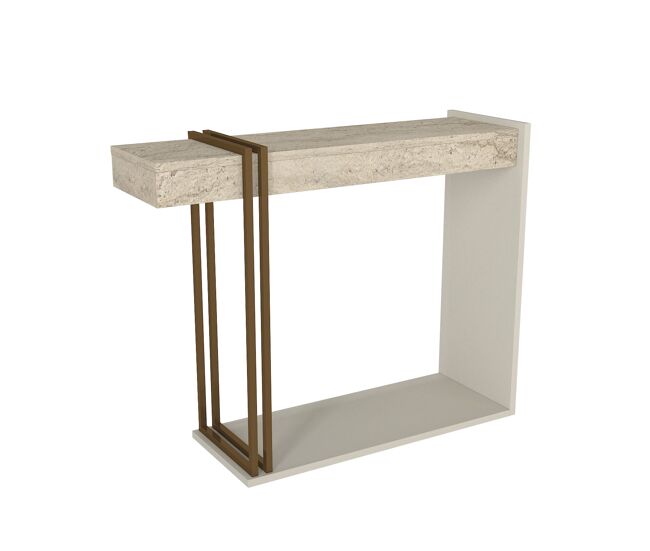 Consola Desca, diseño lineal con detalles metálicos, acabado travertino sandstone, para recibidor y salón