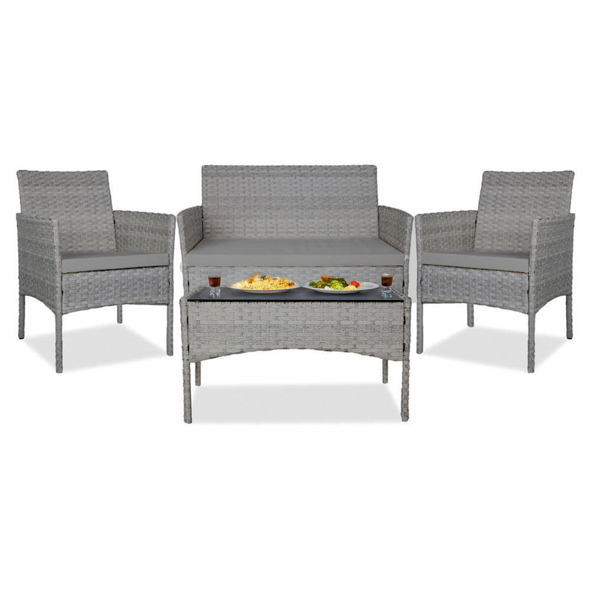 Yoevu - set de jardín conversacional 4 piezas – 1 sofá, 2 sillas con cojines y mesa con cristal templado, muebles de exterior en ratán, resistentes al