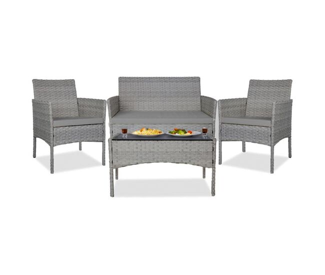 Yoevu - set de jardín conversacional 4 piezas – 1 sofá, 2 sillas con cojines y mesa con cristal templado, muebles de exterior en ratán, resistentes al