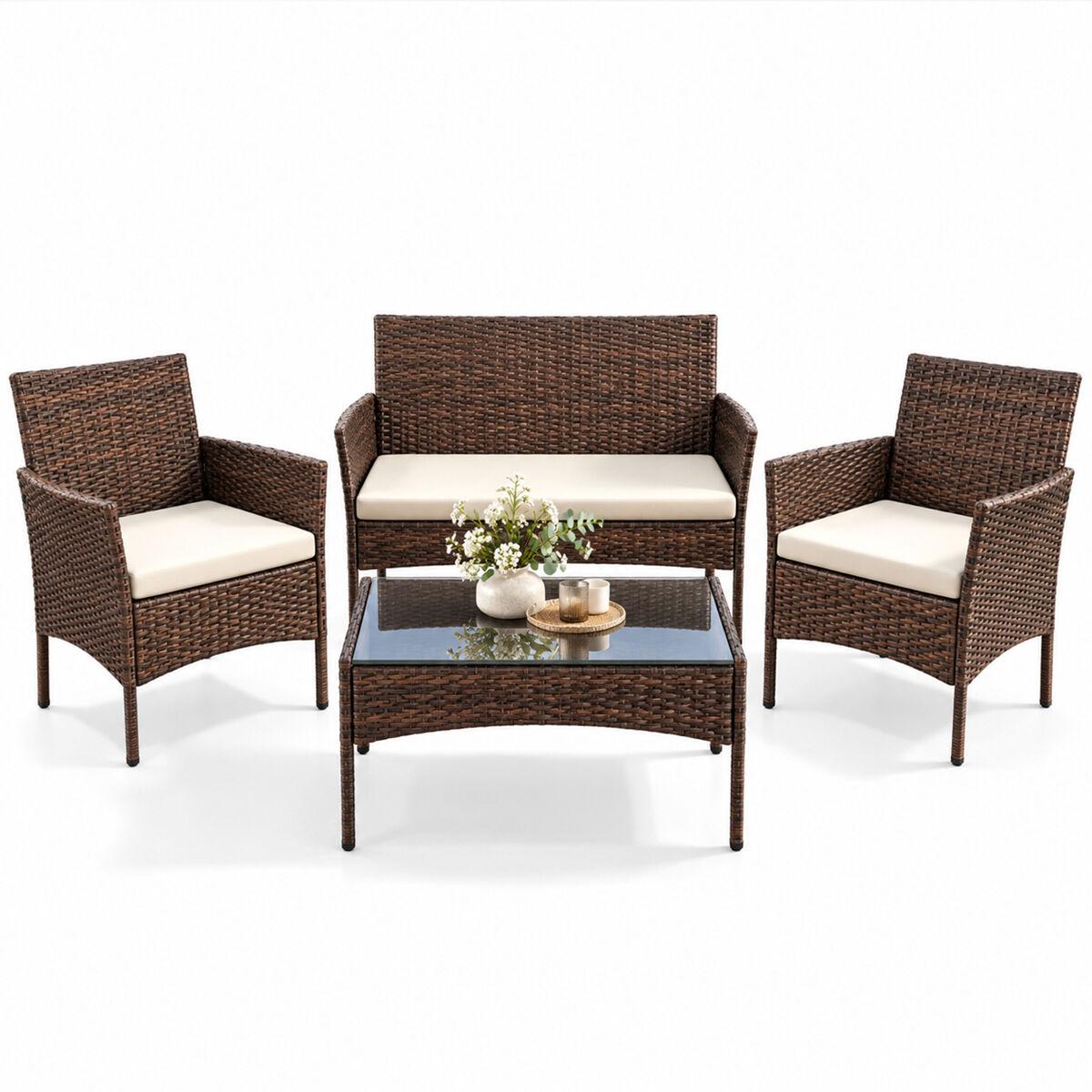 Yoevu - set de jardín conversacional 4 piezas – 1 sofá, 2 sillas con cojines y mesa con cristal templado, muebles de exterior en ratán, resistentes al