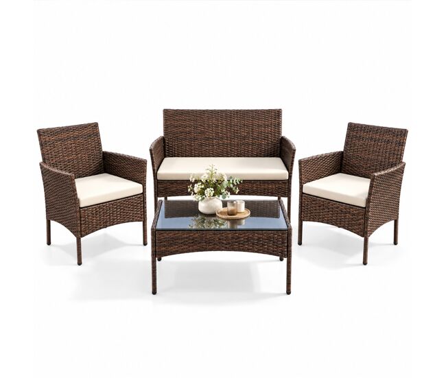 Yoevu - set de jardín conversacional 4 piezas – 1 sofá, 2 sillas con cojines y mesa con cristal templado, muebles de exterior en ratán, resistentes al