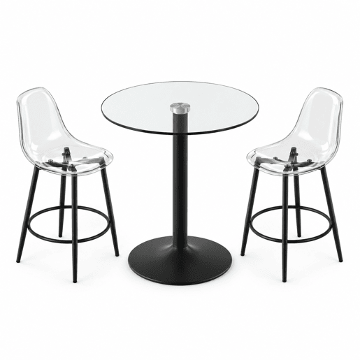 Conjunto de balcão de 89 cm - Mesa de vidro + 2 bancos com design suspenso, estrutura metálica preta, apoio para os pés - PretoTransparente Conjunto de balcão de 89 cm - Mesa de vidro + 2 bancos com design suspenso, estrutura metálica preta, apoio para os pés - PretoTransparente