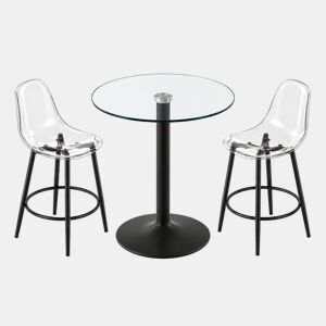 Conjunto de balcão de 89 cm - Mesa de vidro + 2 bancos com design suspenso, estrutura metálica preta, apoio para os pés - PretoTransparente