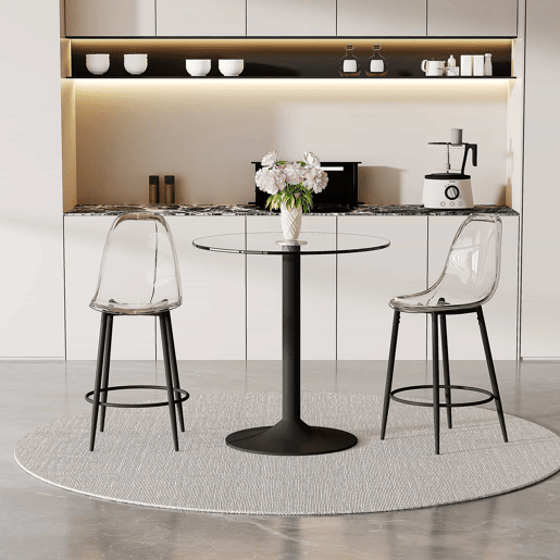 Conjunto de balcão de 89 cm - Mesa de vidro + 2 bancos com design suspenso, estrutura metálica preta, apoio para os pés - PretoTransparente Conjunto de balcão de 89 cm - Mesa de vidro + 2 bancos com design suspenso, estrutura metálica preta, apoio para os pés - PretoTransparente