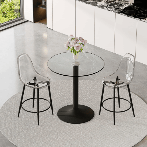 Conjunto de balcão de 89 cm - Mesa de vidro + 2 bancos com design suspenso, estrutura metálica preta, apoio para os pés - PretoTransparente Conjunto de balcão de 89 cm - Mesa de vidro + 2 bancos com design suspenso, estrutura metálica preta, apoio para os pés - PretoTransparente