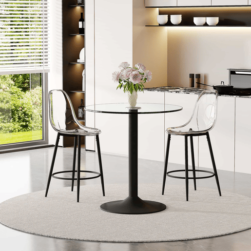 Conjunto de balcão de 89 cm - Mesa de vidro + 2 bancos com design suspenso, estrutura metálica preta, apoio para os pés - PretoTransparente Conjunto de balcão de 89 cm - Mesa de vidro + 2 bancos com design suspenso, estrutura metálica preta, apoio para os pés - PretoTransparente