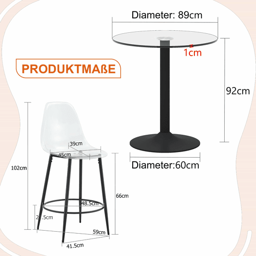 Conjunto de balcão de 89 cm - Mesa de vidro + 2 bancos com design suspenso, estrutura metálica preta, apoio para os pés - PretoTransparente Conjunto de balcão de 89 cm - Mesa de vidro + 2 bancos com design suspenso, estrutura metálica preta, apoio para os pés - PretoTransparente