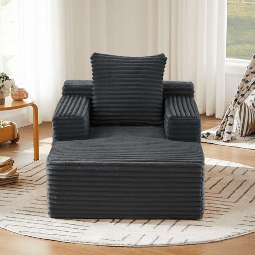 Sofá chaise longue de 1 lugar - Estofado em veludo cotelê, sofá-cama moderno sem montagem, poltrona reclinável confortável - Cinza escuro