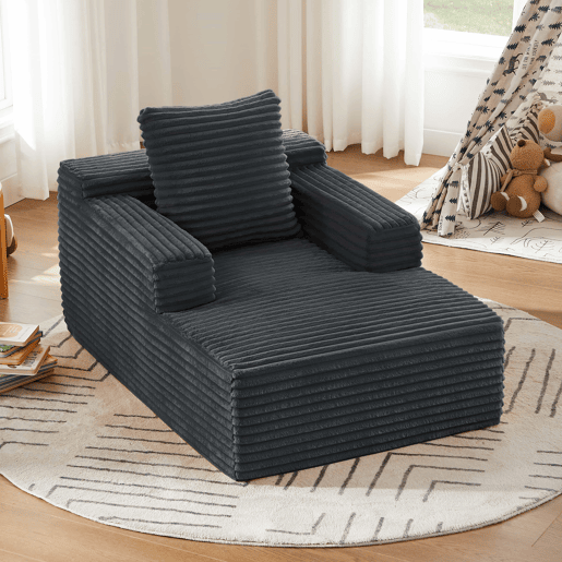 Sofá chaise longue de 1 lugar - Estofado em veludo cotelê, sofá-cama moderno sem montagem, poltrona reclinável confortável - Cinza escuro