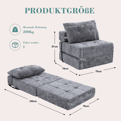 Sofá-cama dobrável - sofá-cama com almofadas, colchão dobrável com encosto, sofá dobrável portátil, sofá de chão confortável para a sala de estar e o quarto - cinzento