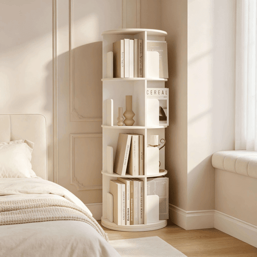 Estante giratória 44x44x126 cm - Estante de canto de chão, com design redondo e giratório - Branco Estante giratória 44x44x126 cm - Estante de canto de chão, com design redondo e giratório - Branco