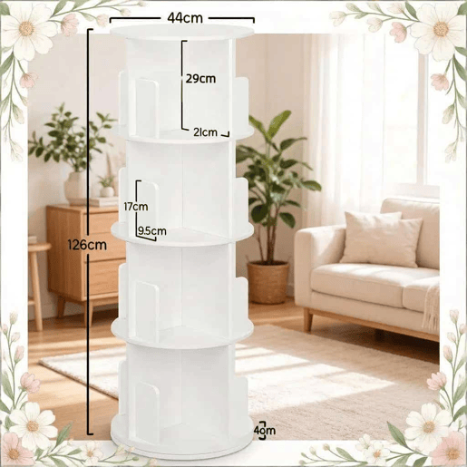 Estante giratória 44x44x126 cm - Estante de canto de chão, com design redondo e giratório - Branco Estante giratória 44x44x126 cm - Estante de canto de chão, com design redondo e giratório - Branco