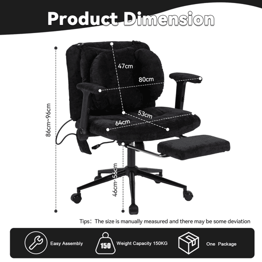 Cadeira de escritório giratória e elevável 80x55 cm - ajustável em altura com apoio para os pés, capacidade de 150 kg, apoios de braços, rodas, estilo gaming para escritório em casa - Preto
