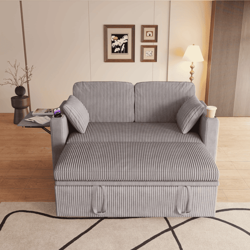 Sofá-cama duplo multifuncional u2014 encosto ajustável, porta-copos e almofadas para a sala de estar e o quarto u2014 Cinza Sofá-cama duplo multifuncional u2014 encosto ajustável, porta-copos e almofadas para a sala de estar e o quarto u2014 Cinza