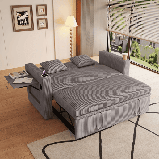 Sofá-cama duplo multifuncional u2014 encosto ajustável, porta-copos e almofadas para a sala de estar e o quarto u2014 Cinza Sofá-cama duplo multifuncional u2014 encosto ajustável, porta-copos e almofadas para a sala de estar e o quarto u2014 Cinza