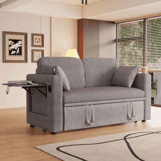Sofá-cama duplo multifuncional u2014 encosto ajustável, porta-copos e almofadas para a sala de estar e o quarto u2014 Cinza Sofá-cama duplo multifuncional u2014 encosto ajustável, porta-copos e almofadas para a sala de estar e o quarto u2014 Cinza