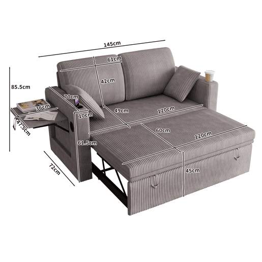 Sofá-cama duplo multifuncional u2014 encosto ajustável, porta-copos e almofadas para a sala de estar e o quarto u2014 Cinza Sofá-cama duplo multifuncional u2014 encosto ajustável, porta-copos e almofadas para a sala de estar e o quarto u2014 Cinza