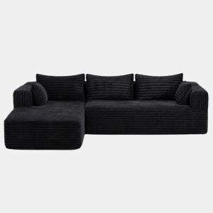 Sofá seccional dobrável L de 2 lugares - chaise longue confortável, sem estrutura (boneless), assento profundo, modular minimalista convertível em cama - preto