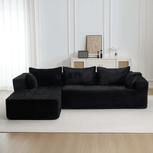 Sofá seccional dobrável L de 2 lugares - chaise longue confortável, sem estrutura (boneless), assento profundo, modular minimalista convertível em cama - preto