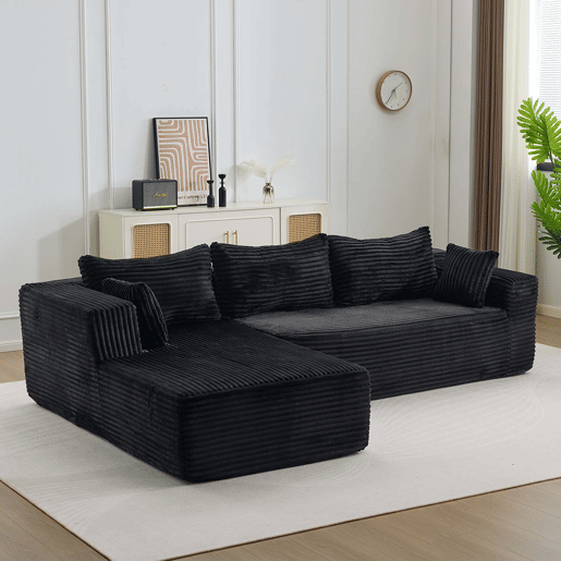 Sofá seccional dobrável L de 2 lugares - chaise longue confortável, sem estrutura (boneless), assento profundo, modular minimalista convertível em cama - preto