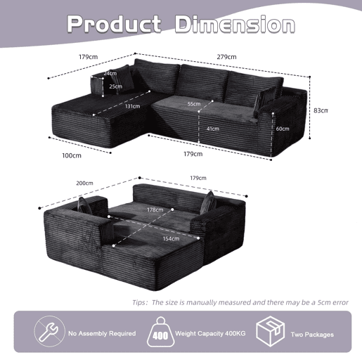 Sofá seccional dobrável L de 2 lugares - chaise longue confortável, sem estrutura (boneless), assento profundo, modular minimalista convertível em cama - preto