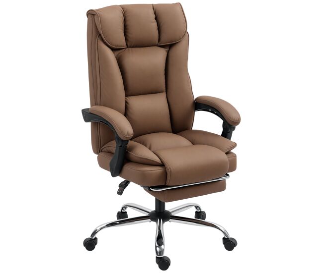 Silla de escritorio con reposapiés respaldo reclinable acolchado grueso tapizada en cuero sintético marrón