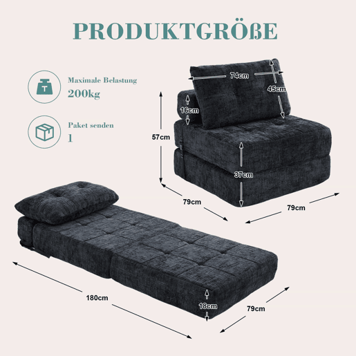 Sofá-cama dobrável - com almofadas, colchão dobrável com encosto, sofá portátil, sofá de chão confortável para a sala de estar e o quarto - preto Sofá-cama dobrável - com almofadas, colchão dobrável com encosto, sofá portátil, sofá de chão confortável para a sala de estar e o quarto - preto