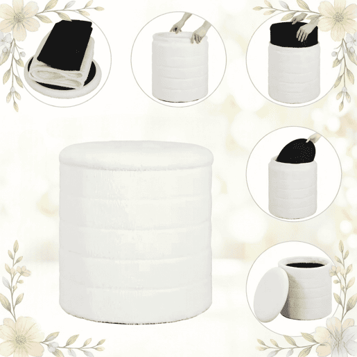 Banco com espaço de arrumação 40,5 x 40,5 x 43 cm - Assento redondo com espaço oculto e função de mesa auxiliar - Branco