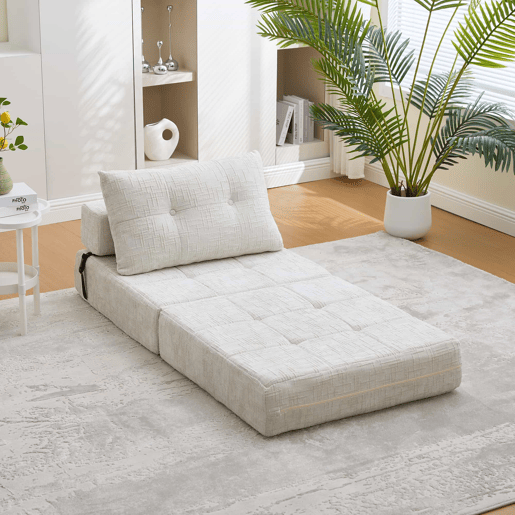 Sofá-cama dobrável e portátil com almofadas, colchão dobrável com encosto, sofá de chão confortável para a sala de estar e o quarto - Chenilla - Bege Sofá-cama dobrável e portátil com almofadas, colchão dobrável com encosto, sofá de chão confortável para a sala de estar e o quarto - Chenilla - Bege