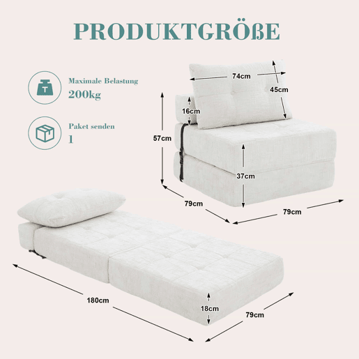 Sofá-cama dobrável e portátil com almofadas, colchão dobrável com encosto, sofá de chão confortável para a sala de estar e o quarto - Chenilla - Bege Sofá-cama dobrável e portátil com almofadas, colchão dobrável com encosto, sofá de chão confortável para a sala de estar e o quarto - Chenilla - Bege