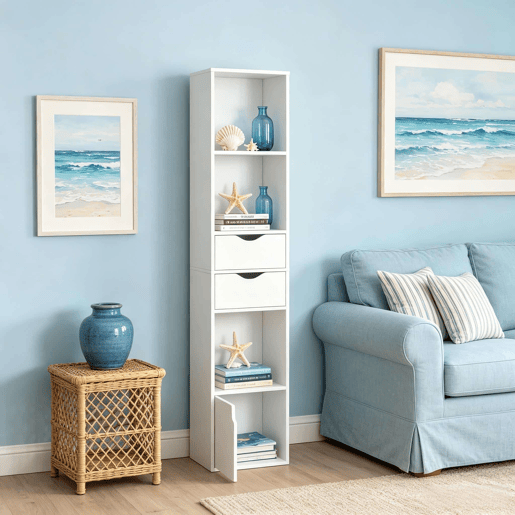 Estante alta 24 x 30 x 157,5 cm - design estreito, estante de pé, estante de arrumação e exposição para a sala de estar ou escritório - Branco
