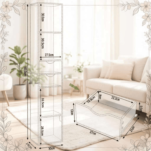 Estante alta 24 x 30 x 157,5 cm - design estreito, estante de pé, estante de arrumação e exposição para a sala de estar ou escritório - Branco