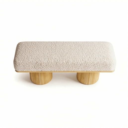 Banco estofado de 122 cm u2014 estofamento em pelúcia Teddy com base em madeira maciça para o quarto e a entrada u2014 natural
