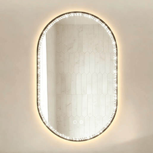 Espelho de casa de banho LED oval 50 x 80 cm - Antibem-de-fogo, 3 temperaturas de cor, brilho ajustável, com moldura preta e design em losangos - Preto Espelho de casa de banho LED oval 50 x 80 cm - Antibem-de-fogo, 3 temperaturas de cor, brilho ajustável, com moldura preta e design em losangos - Preto