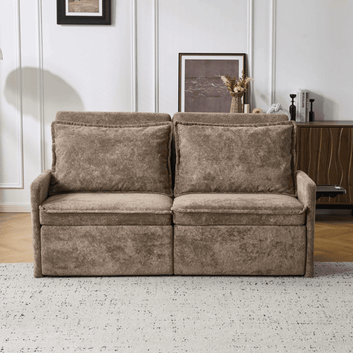 Sofá-cama de 2 lugares - 3 em 1 com função de cama, porta USB, encosto ajustável em 5 posições, dobrável com espaço de arrumação, almofadas incluídas - chenille castanho Sofá-cama de 2 lugares - 3 em 1 com função de cama, porta USB, encosto ajustável em 5 posições, dobrável com espaço de arrumação, almofadas incluídas - chenille castanho