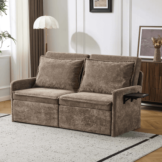 Sofá-cama de 2 lugares - 3 em 1 com função de cama, porta USB, encosto ajustável em 5 posições, dobrável com espaço de arrumação, almofadas incluídas - chenille castanho Sofá-cama de 2 lugares - 3 em 1 com função de cama, porta USB, encosto ajustável em 5 posições, dobrável com espaço de arrumação, almofadas incluídas - chenille castanho