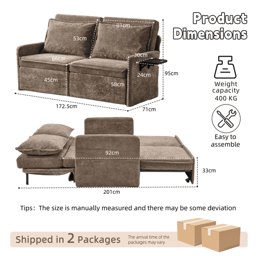Sofá-cama de 2 lugares - 3 em 1 com função de cama, porta USB, encosto ajustável em 5 posições, dobrável com espaço de arrumação, almofadas incluídas - chenille castanho Sofá-cama de 2 lugares - 3 em 1 com função de cama, porta USB, encosto ajustável em 5 posições, dobrável com espaço de arrumação, almofadas incluídas - chenille castanho