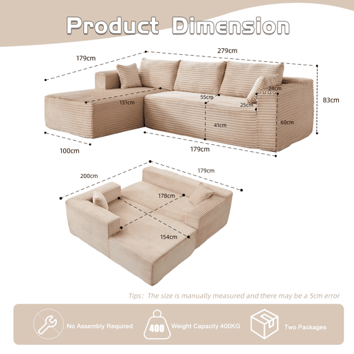 Sofá seccional dobrável de 2 lugares - sofá em L sem estrutura, com chaise longue, assento profundo, modular minimalista e transformável em cama - Bege